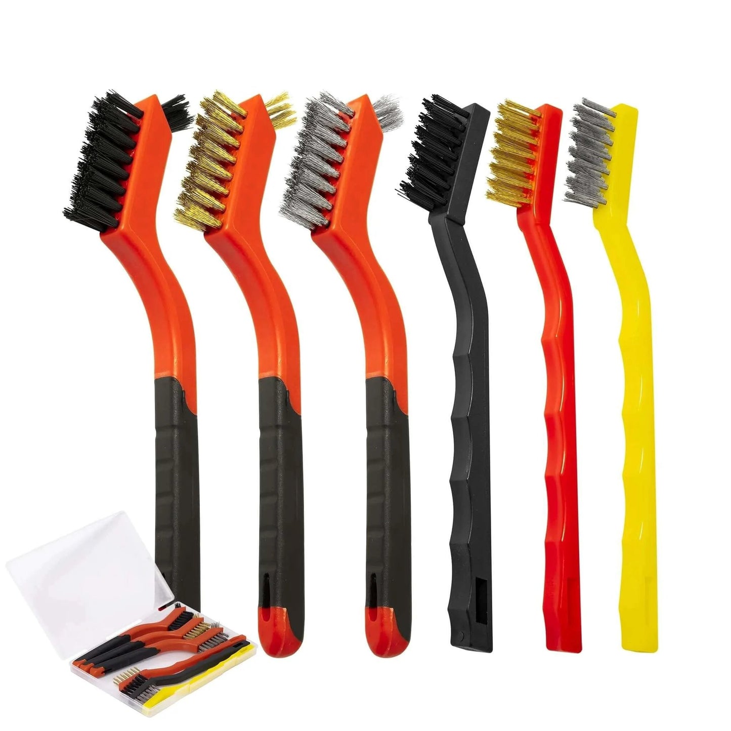 6Pcs Wire Brush Set with stainless steel, brass, and nylon bristles for rust cleaning, featuring orange, black, and yellow handles.