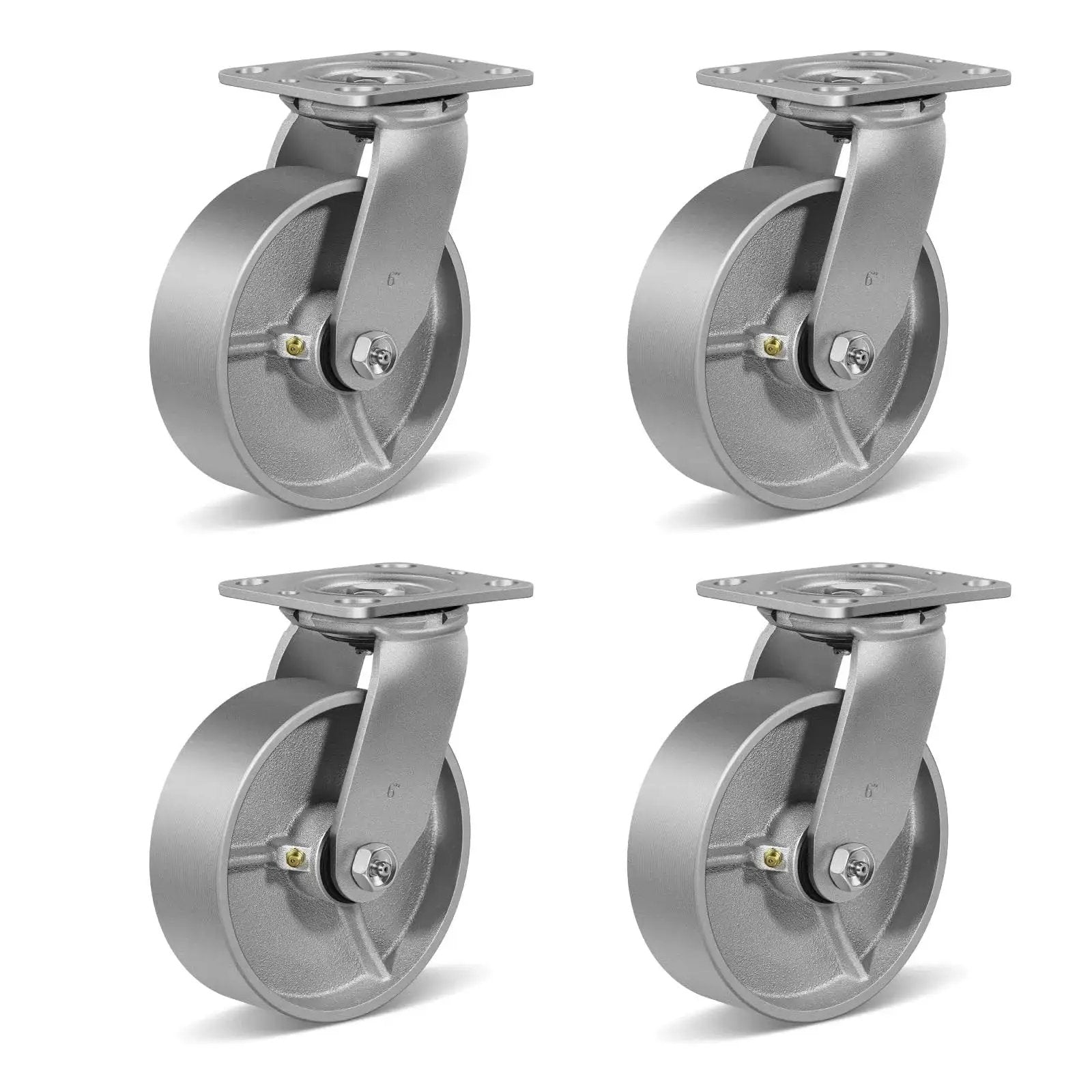 Set of four Heavy Duty 6x2 Caster Wheels with Steel Cast Iron Hub, galvanized wheels, Zinc Plated Yoke, up to 5000 lb capacity.