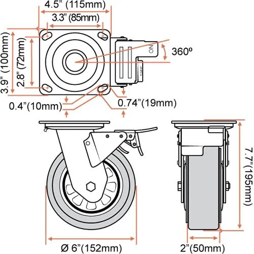 Technical diagram of 6 x 2 Inch Heavy Duty Locking Swivel Caster Wheels Set of 4 dimensions and rotation feature details.