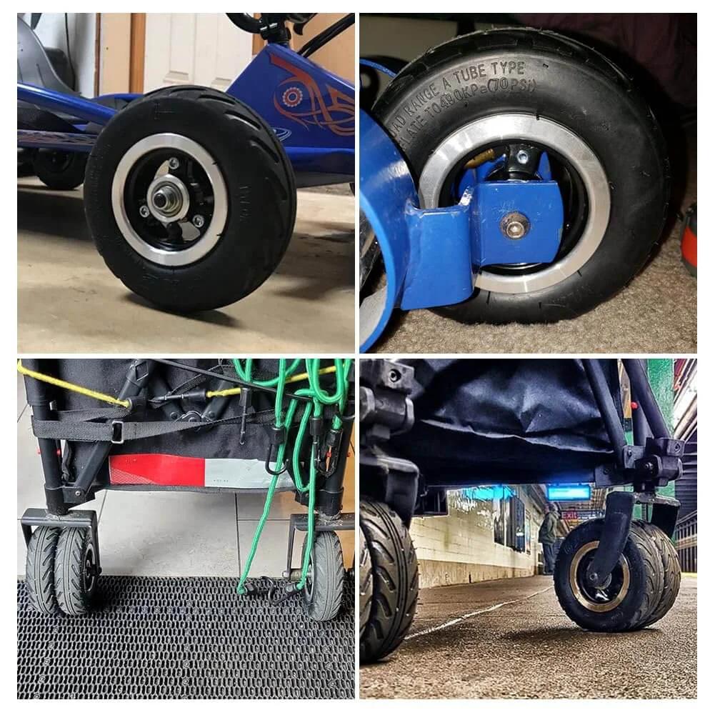 Collage showing 6x2 Inch Pneumatic Tire Wheel with Alloy Hub M8 Inflatable Air Wheel installed on various trolleys and scooters