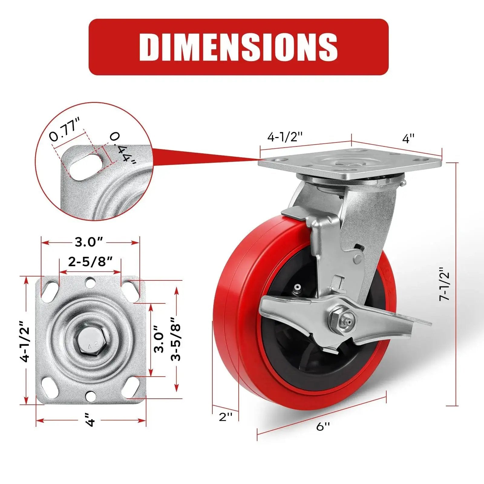 Heavy Duty 6x2 Inch Caster Set Of 4 Industrial Polyurethane Wheels with Pro Tech Tread, product dimensions diagram