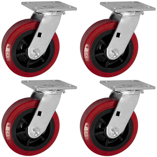 6 inch x 2 inch polyurethane non marking heavy duty swivel casters with red industrial wheels, 4 pack rated for 3600 lb total load capacity