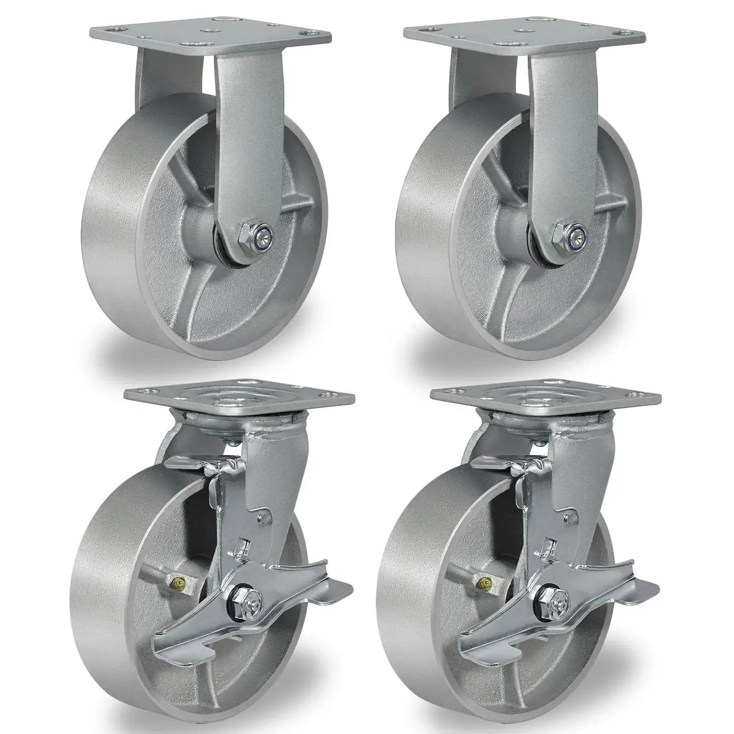 Heavy Duty Industrial Casters 6 By 2 Inch Rigid And Brake Wheels With Roller Bearing Semi Steel Cast Iron Wheels For Heavy Loads 5000 Lbs Capacity Per Set Of 4 Durable Construction For Warehouses, Workshops And Equipment.