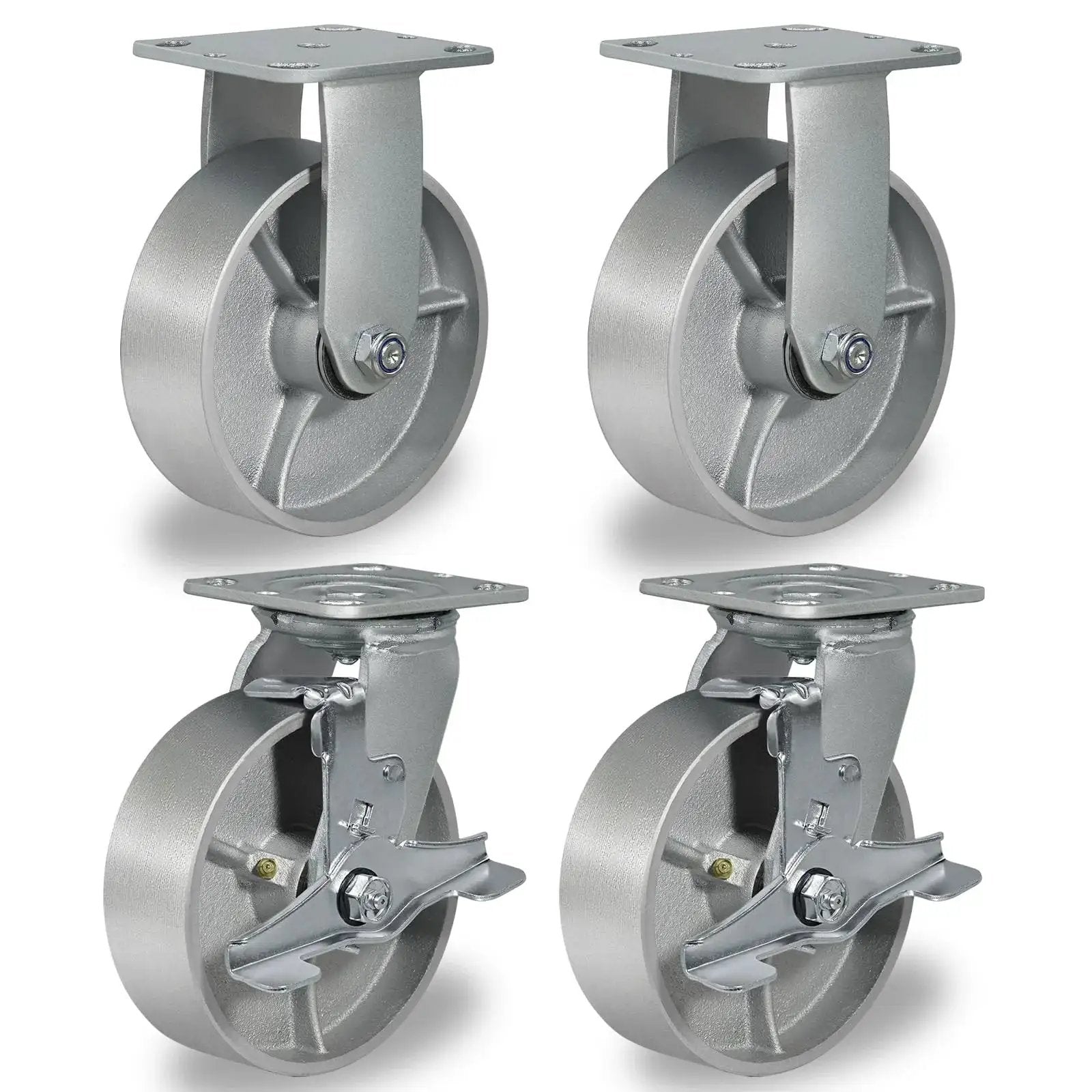 Heavy Duty Industrial Casters 6 By 2 Inch Rigid And Brake Wheels With Roller Bearing Semi Steel Cast Iron Wheels For Heavy Loads 5000 Lbs Capacity Per Set Of 4 Durable Construction For Warehouses, Workshops And Equipment.