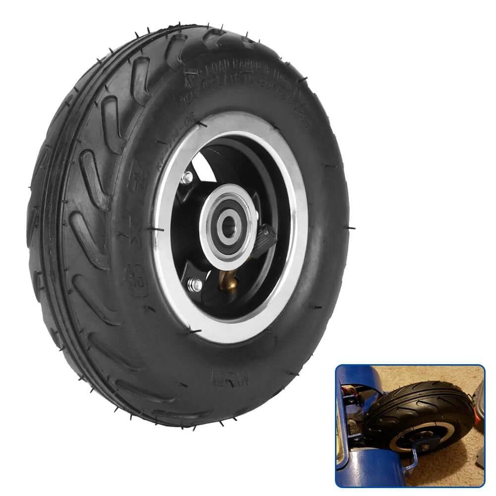 6x2 Inch Pneumatic Tire Wheel with Alloy Hub M8 Inflatable Air Wheel with close-up and installed views for scooter and cart
