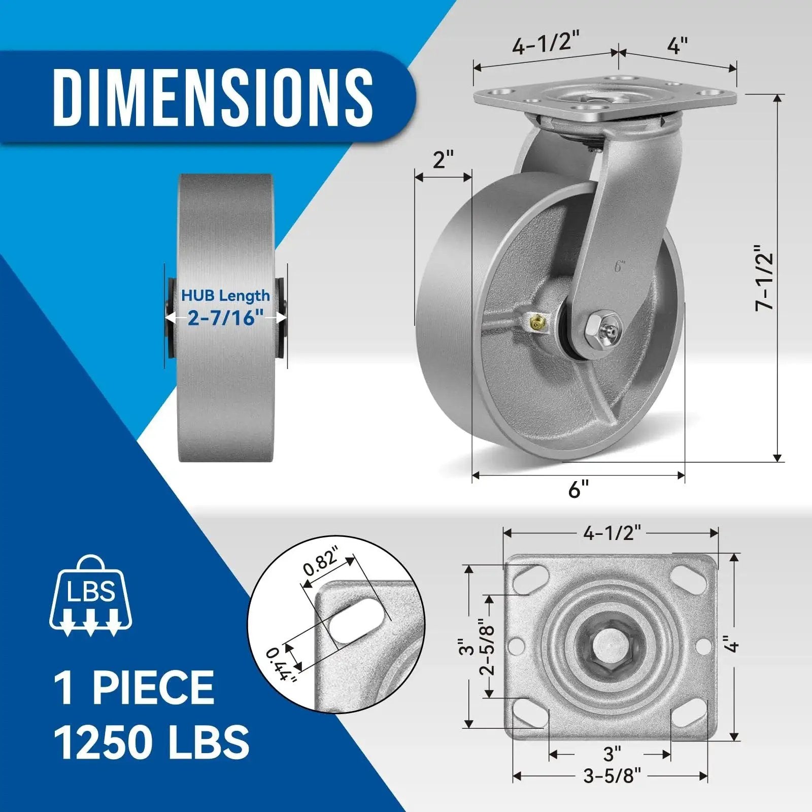 Heavy Duty 6x2 Caster Wheels Set Of Four With Steel Cast Iron Hub Galvanized Wheels And Zinc Plated Yoke Up To 5000 Lb Capacity Swivel Caster Set For Tool Boxes And Workbenches Industrial Grade Mobility, with dimensions and load capacity details.