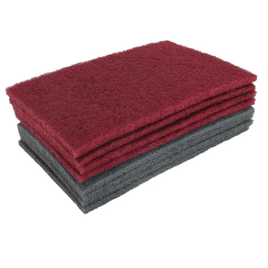 Stack of 6x9 Automotive Scuff Pads 8 Pack Wet Dry Reusable For Paint Prep And Sanding in red and grey, non-woven material.