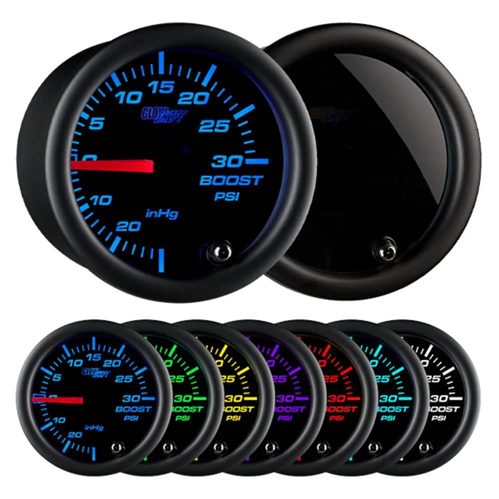 Tinted 7 Color 30 PSI Mechanical Boost And Vacuum Gauge Kit For Car And Truck With Included Hose T Fitting Wiring 2-1/16 Inch 52mm Black Dial Smoked Lens Multi Color Display GlowShift, showing multiple color gauges and black lens.