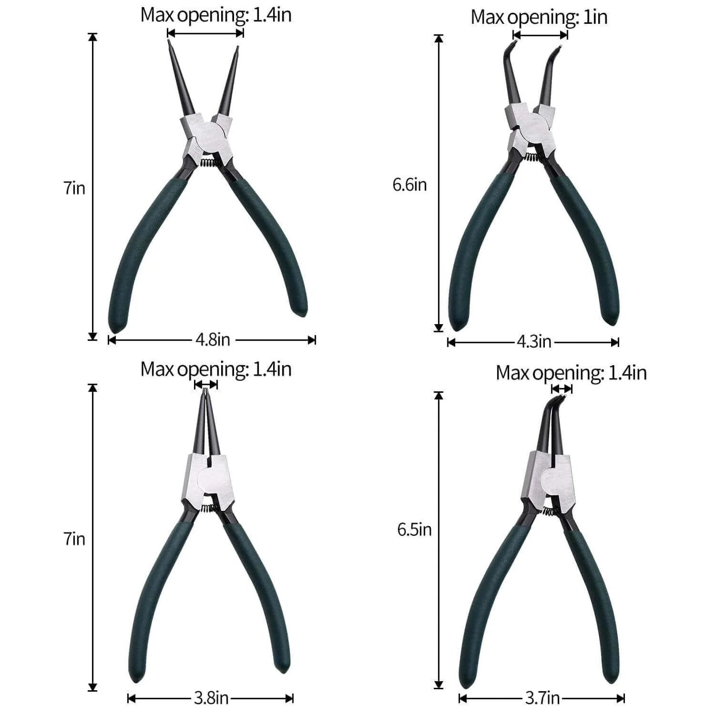 4 pc 7 inch snap ring pliers set with internal and external straight and bent jaws, showing measurements and black handles.