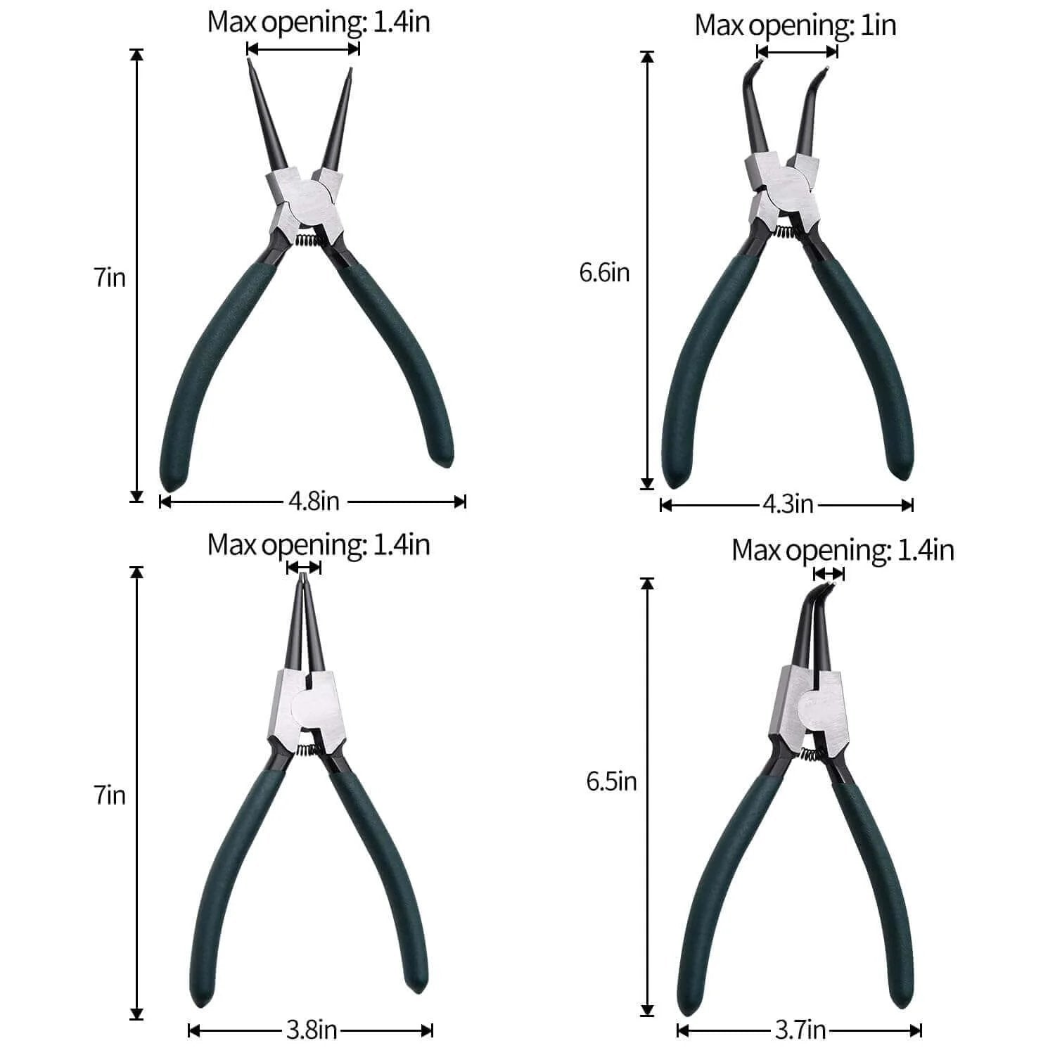 4 pc 7 inch snap ring pliers set with internal and external straight and bent jaws, showing measurements and black handles.