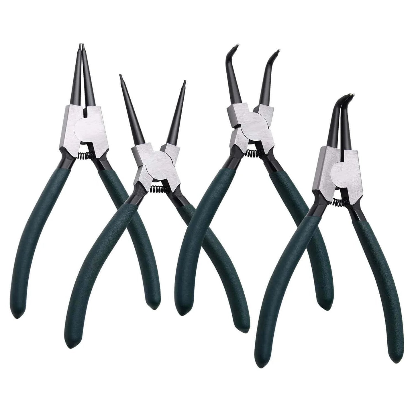 7 inch snap ring pliers set 4 pcs internal & external straight and bent jaw, black handles, front view