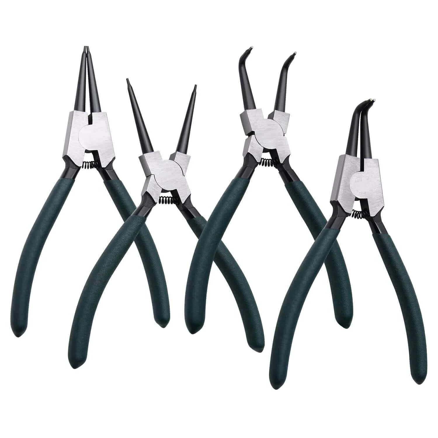 7 inch snap ring pliers set 4 pcs internal & external straight and bent jaw, black handles, front view