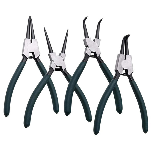 7 inch snap ring pliers set 4 pcs internal & external straight and bent jaw, black handles, front view