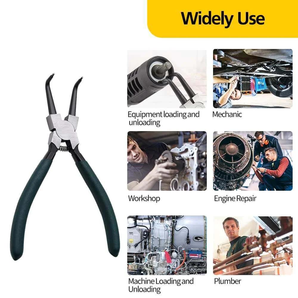 7 inch snap ring pliers set 4 pcs internal & external straight and bent jaw displayed with usage examples