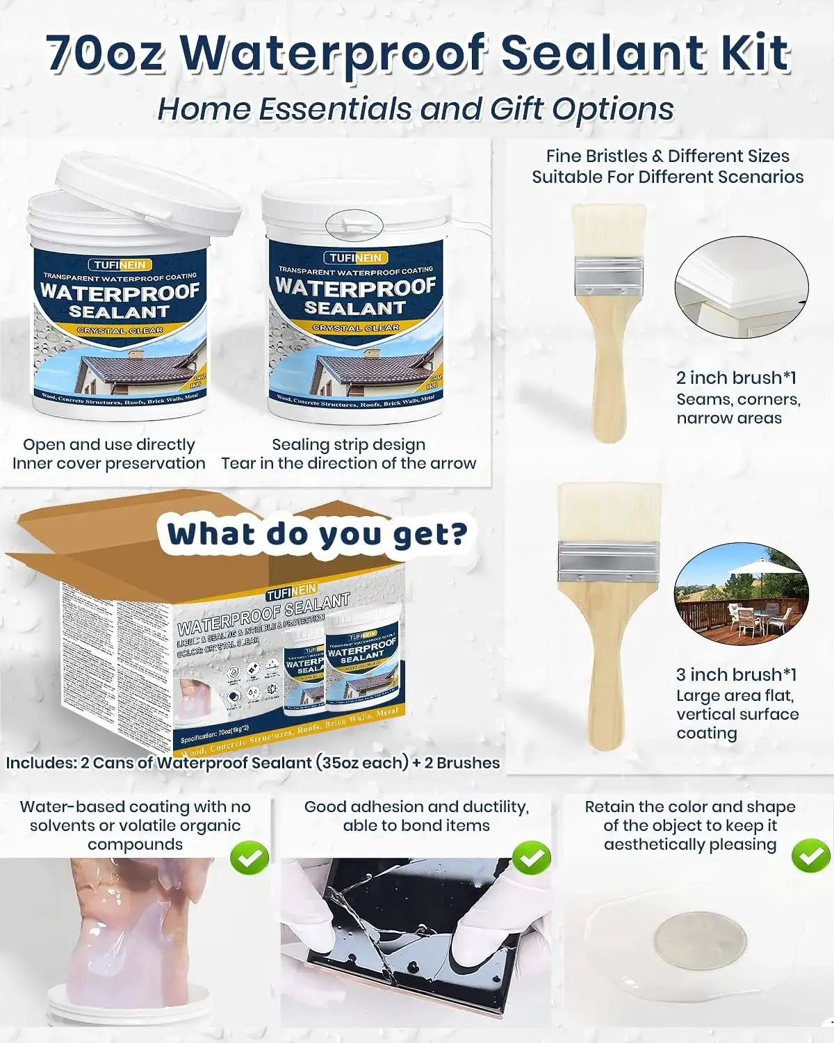 Image of 70Oz Waterproof Sealant Kit, featuring cans, brushes, and application examples for roofs and walls.