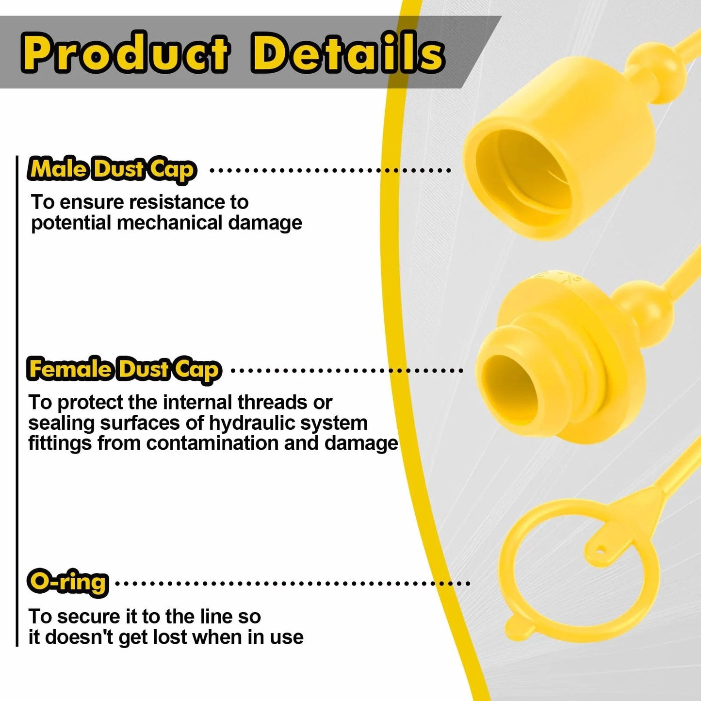 Hydraulic Dust Cap And Plug Set For Half Inch Quick Couplers ISO 5675 Flat Face Hoses, yellow male and female caps with O-ring