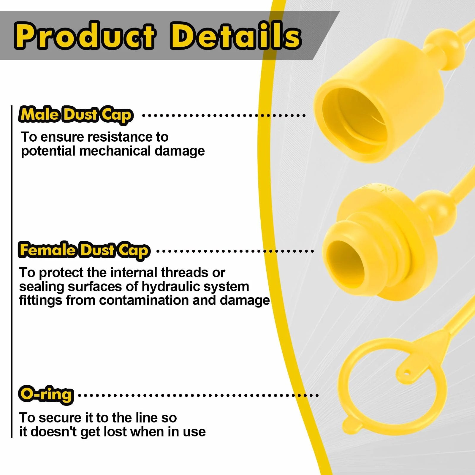 Hydraulic Dust Cap And Plug Set For Half Inch Quick Couplers ISO 5675 Flat Face Hoses, yellow male and female caps with O-ring