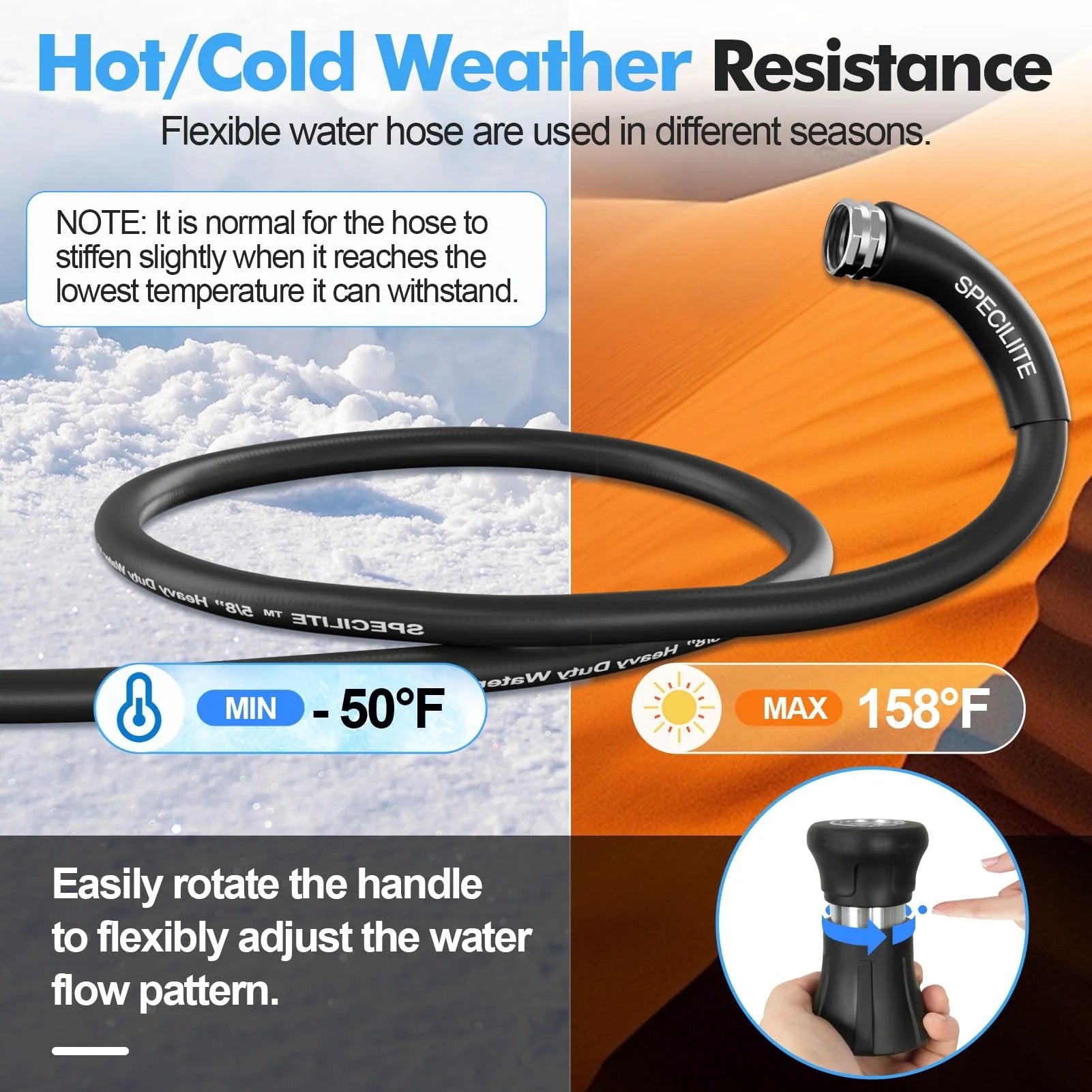 Heavy Duty 50 Foot Black Garden Hose With High Flow Nozzle For Yard And Farm Flexible Rubber Construction That Withstands Minus 50 To 158 Degrees Fahrenheit And Features Three Quarter Inch Stainless Steel Fittings SPECILITE