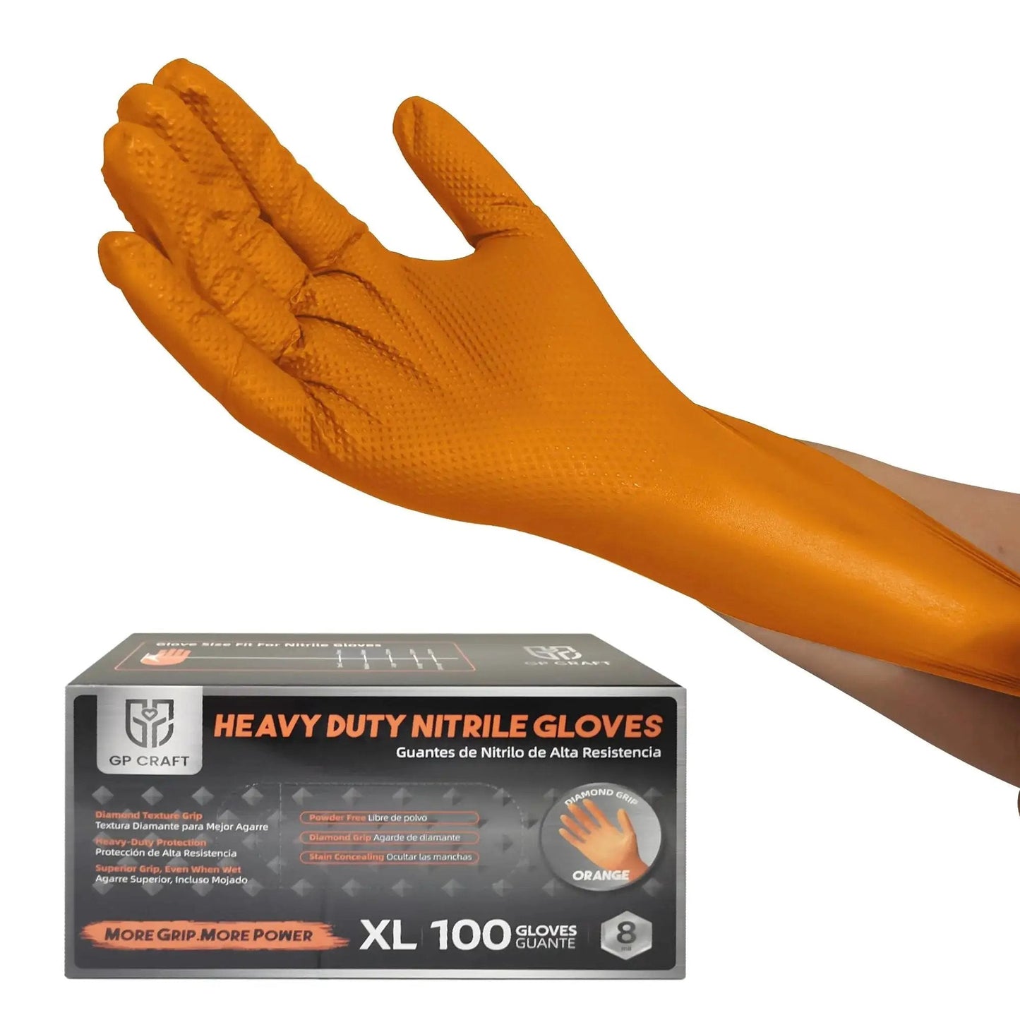 Heavy Duty Orange Diamond Grip 8Mil Nitrile Gloves Puncture And Cut Resistant XL shown with packaging