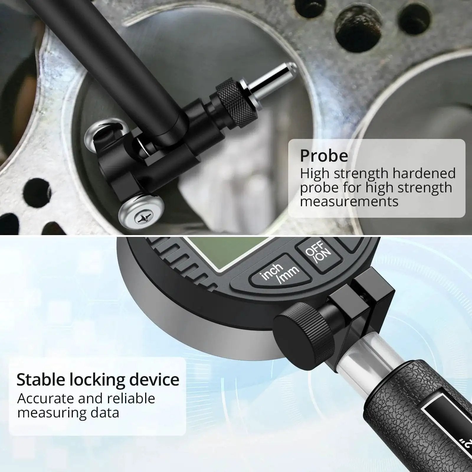 Ultimate Dial Bore Gauge Set For Engine Cylinders By ALLmeter showing probe and locking device close-up features