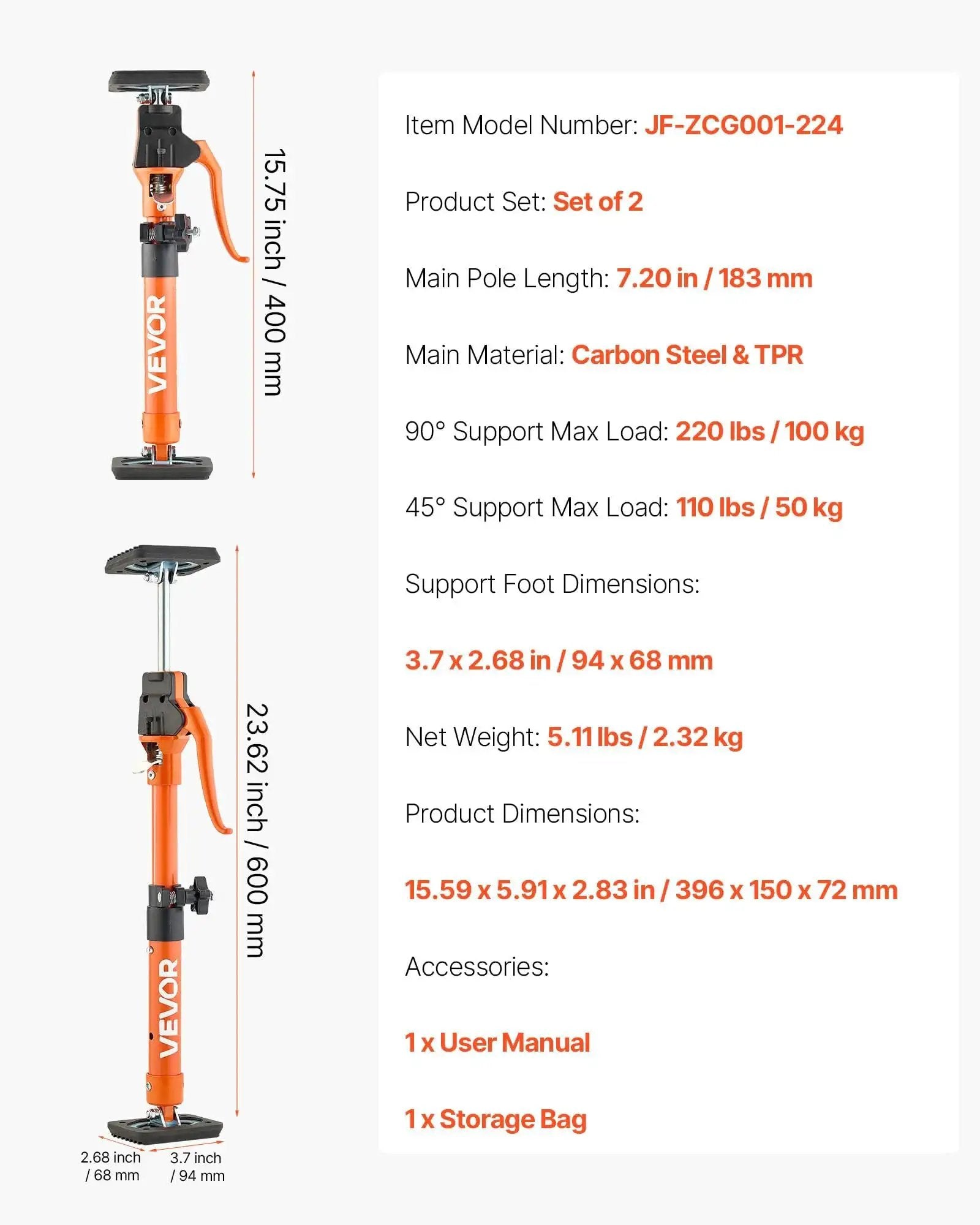 Image showing Telescoping Cabinet Jack Support Pole 2-Pack, 15.75-23.6 Inches 220 Lb Capacity with product specifications.