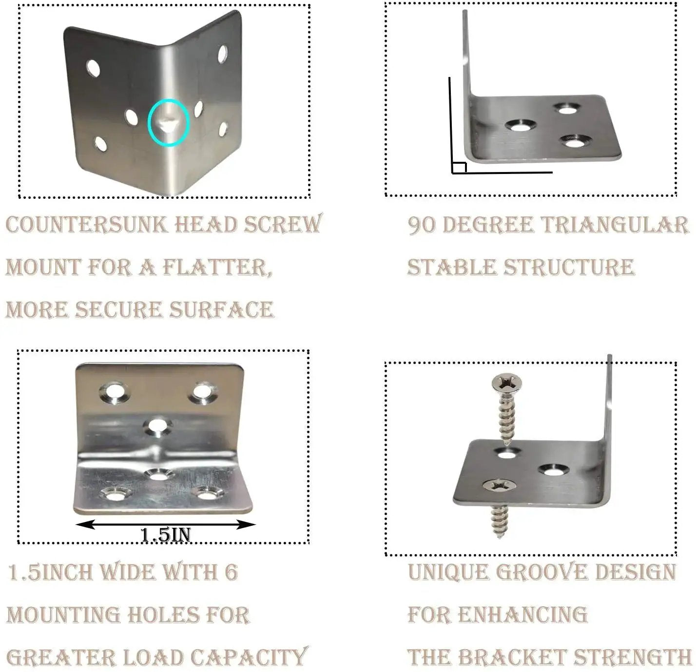 Stainless Steel Corner Braces 40 Pack 1.5 Inch Wide 1.2 X 1.2 Inch Small Corner Brackets with 6 mounting holes for wood furniture.