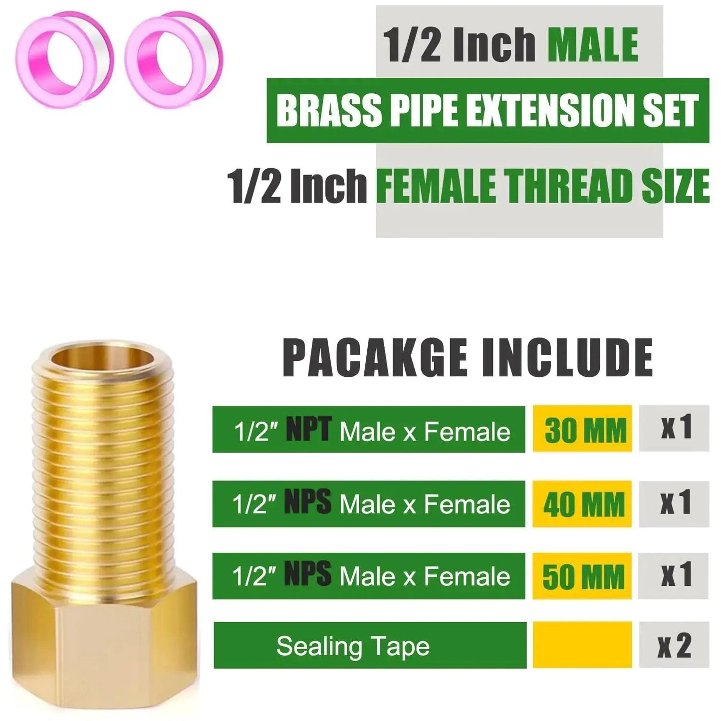 Brass Pipe Extension Fitting Half Inch Female to Half Inch Male Connector with 30mm 40mm 50mm NPT NPS sizes and Teflon tape included
