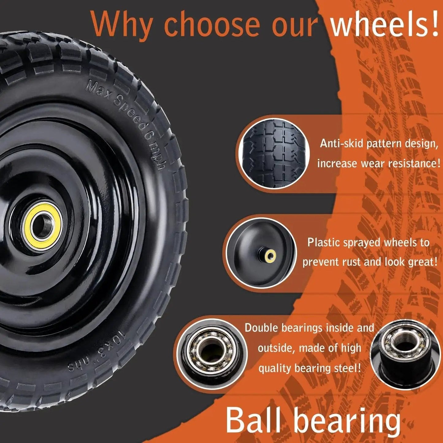 Solid 10 Inch Polyurethane Tires 4.10/3.50-4 Flat Free With 3/4 Inch Bearings And 2.17 Inch Offset Hub, 2-Pack, close-up view