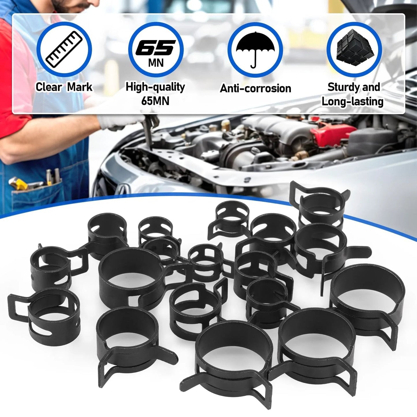 130-Piece Spring Band Hose Clamp Set With Swivel Pliers 6-25mm Constant Tension Clamps on table near car engine