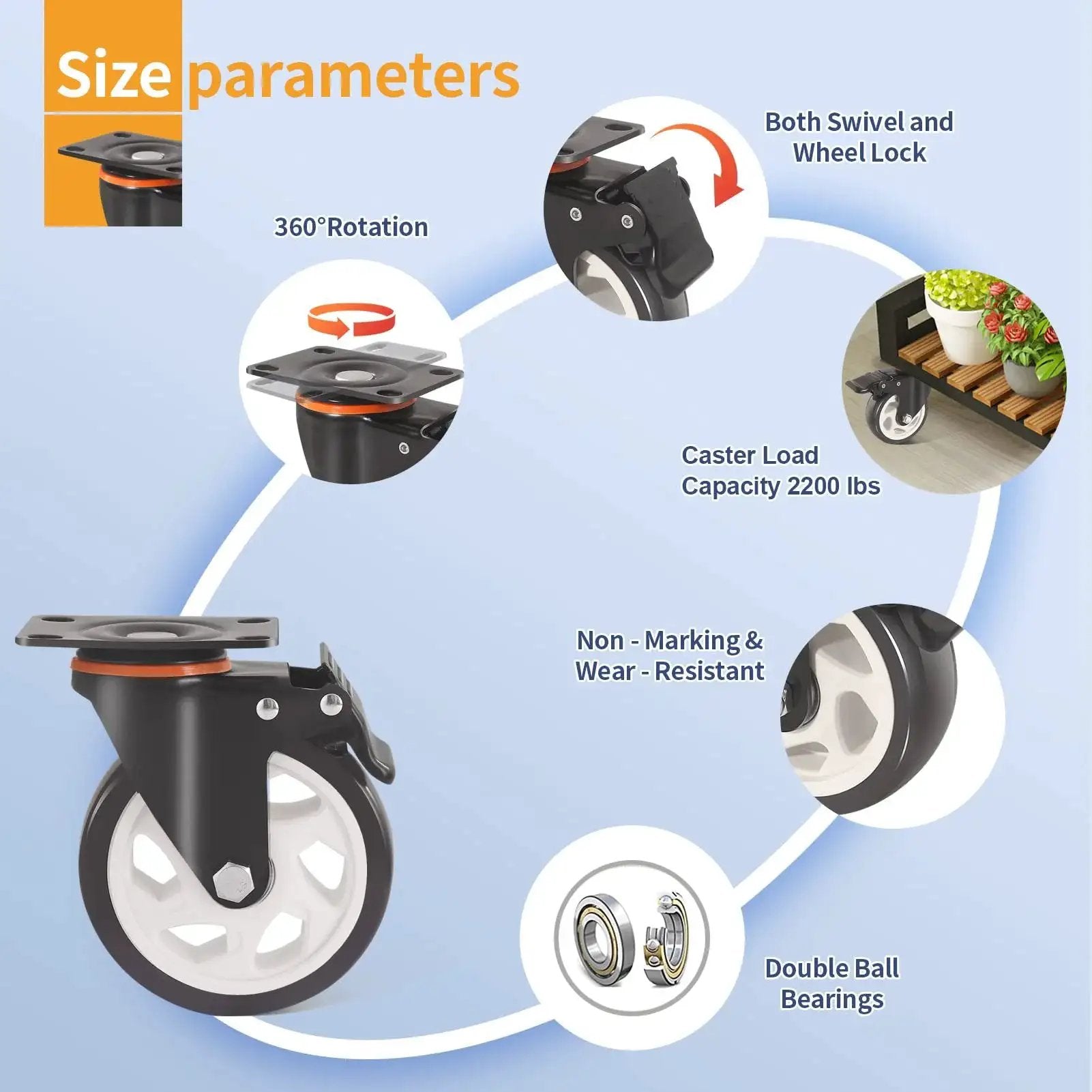 5 Inch Caster Wheels With Brake Set Of 4 Heavy Duty 2000 Lbs Industrial Swivel Casters Polyurethane Quiet Wheels For Cart And Workbench Dual Locking Safety Brakes Two Hardware Kits Included, showing size parameters and features like 360° rotation, wheel lock, and durability details.