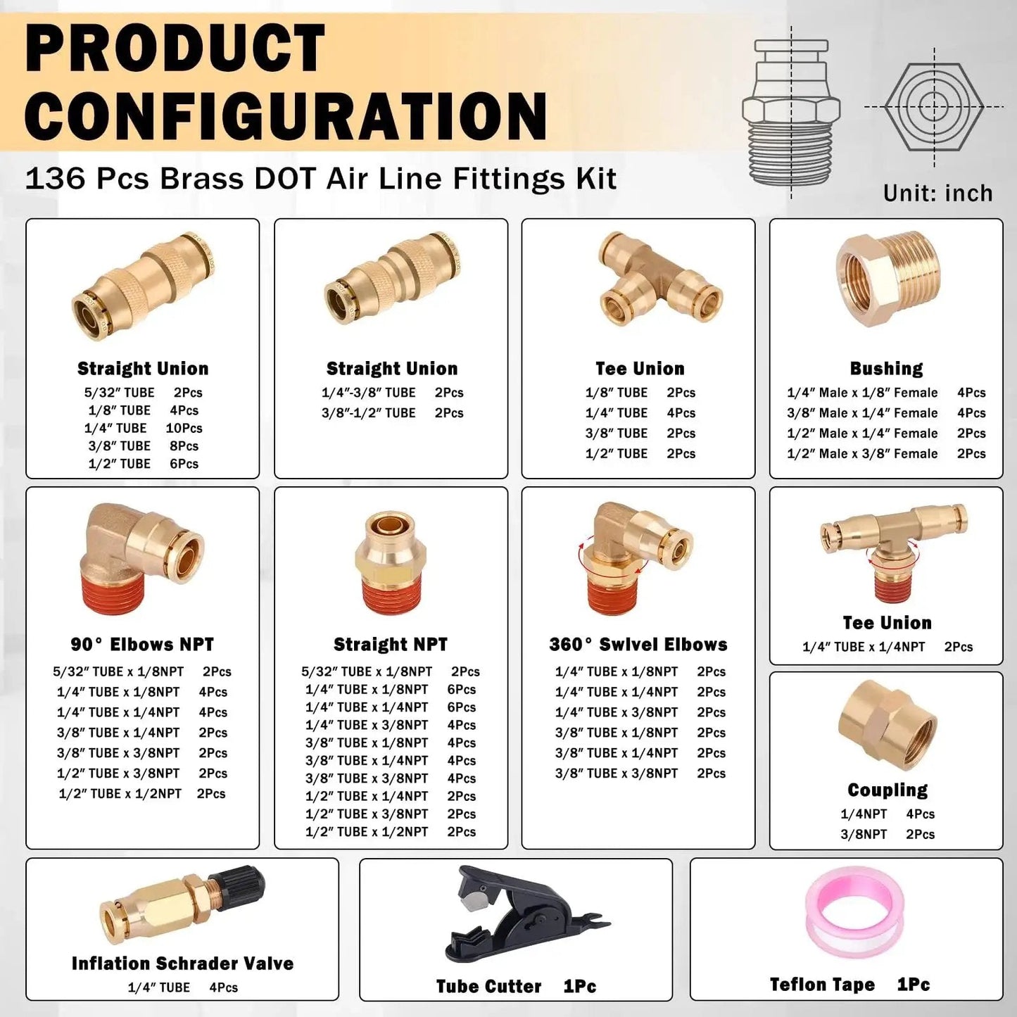 136-piece Brass DOT air fittings kit with push to connect and push lock fittings, featuring tees, unions, elbows, and Teflon tape.