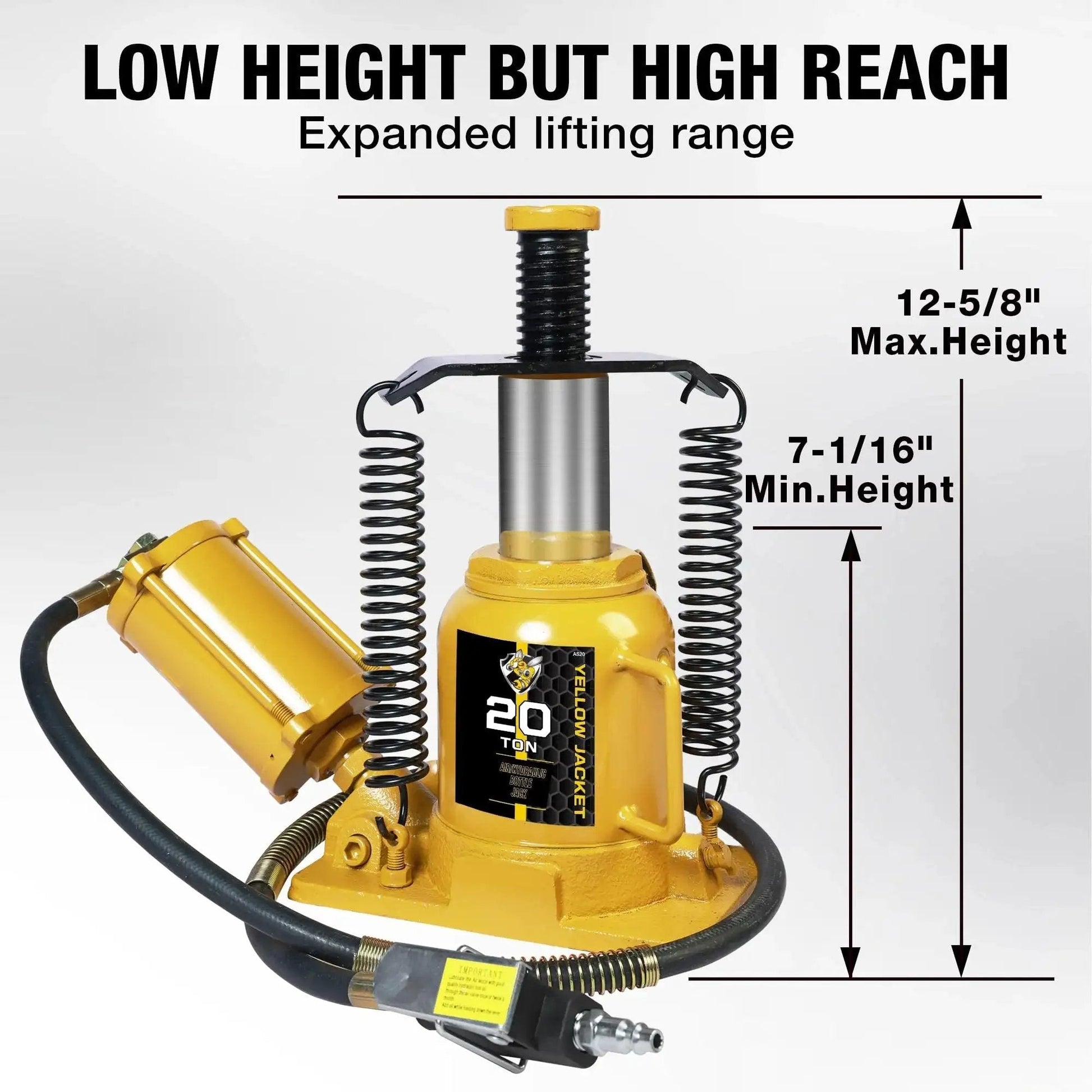 Low Profile 20 Ton Air Bottle Jack With Aluminum Pump And Slow Release, showing lifting range and yellow design