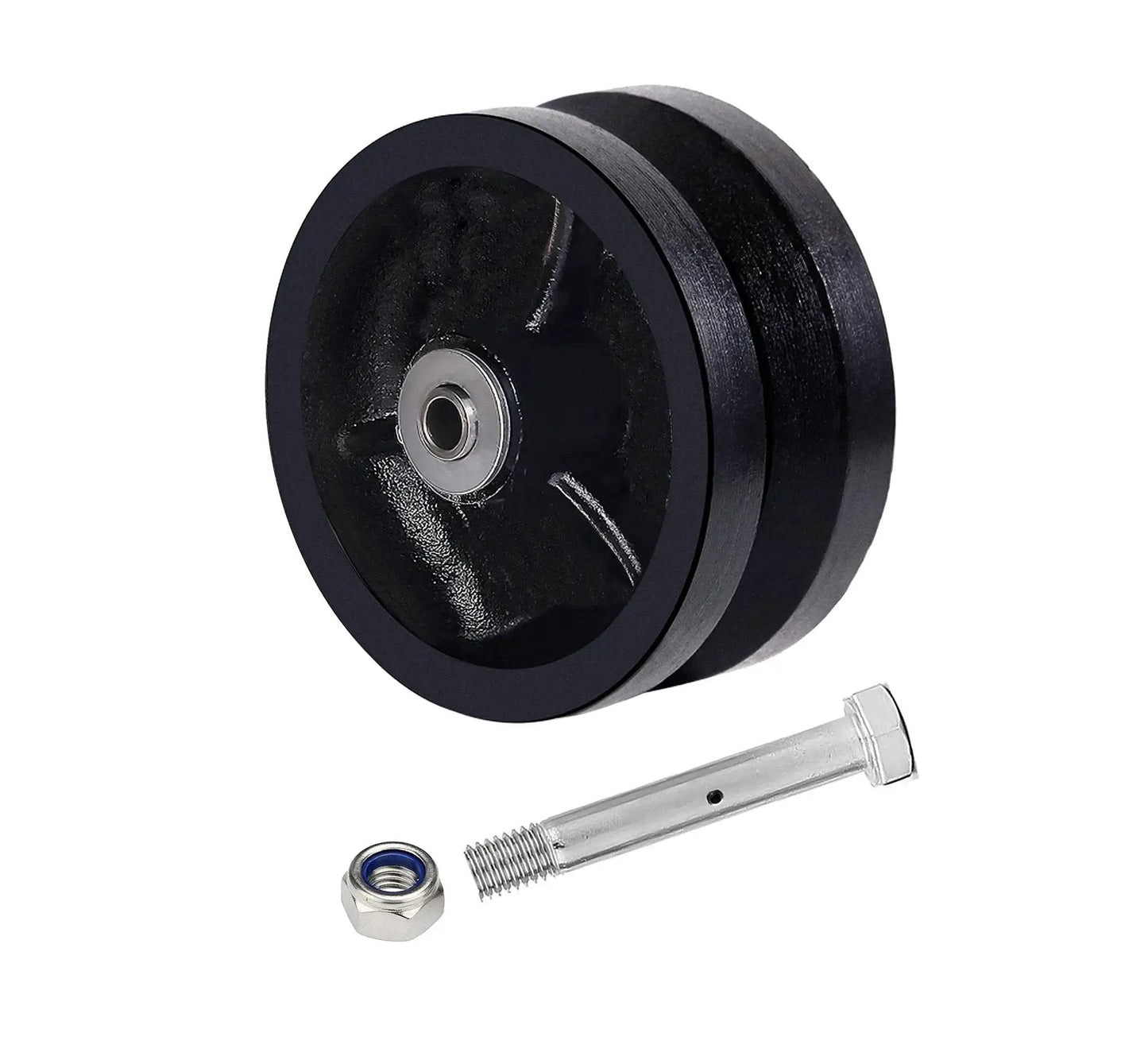 4 Inch By 1-1/2 Inch Cast Iron V Groove Caster Wheel With Straight Roller Bearing For Heavy Duty Machinery, bolt and nut shown