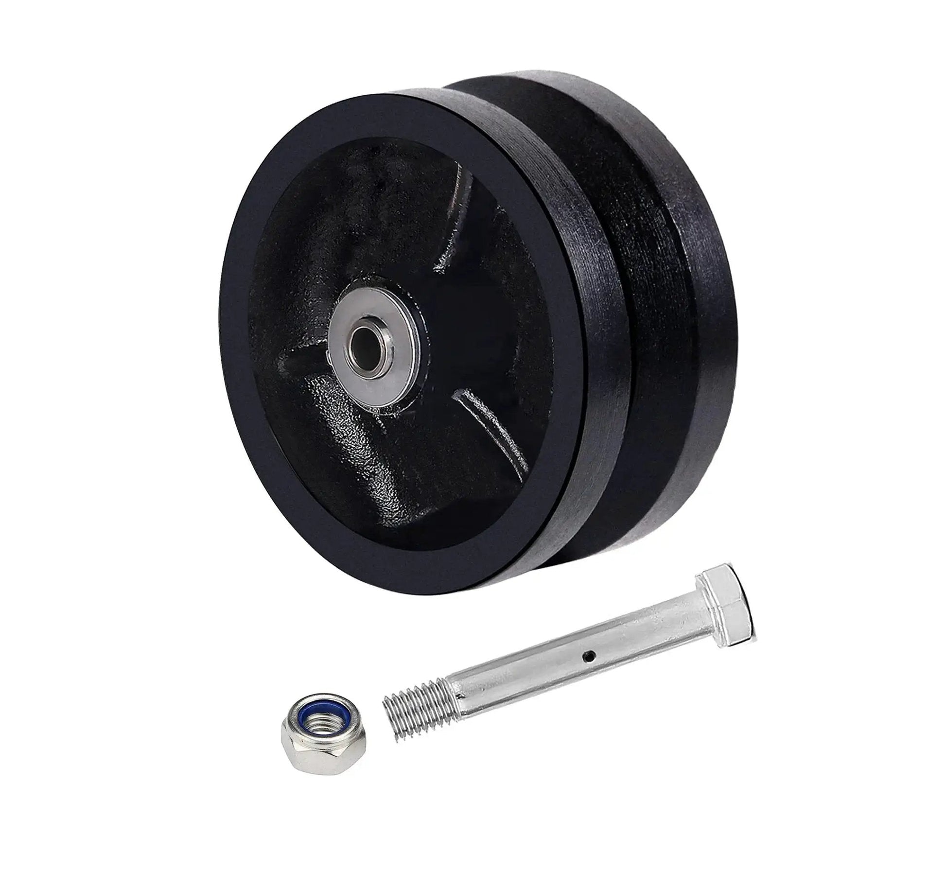 4 Inch By 1-1/2 Inch Cast Iron V Groove Caster Wheel With Straight Roller Bearing For Heavy Duty Machinery, bolt and nut shown