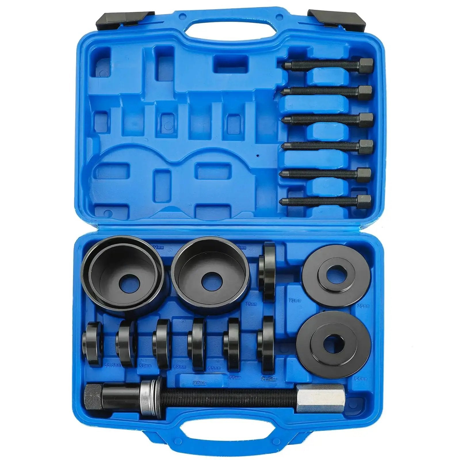 19 Piece Front Wheel Drive Bearing Removal And Installation Tool Kit with Adapter Puller in blue case, tools shown
