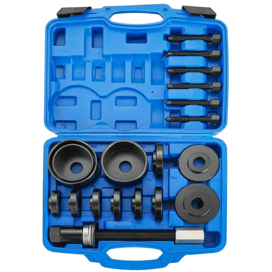 19 Piece Front Wheel Drive Bearing Removal And Installation Tool Kit with Adapter Puller in blue case, tools shown