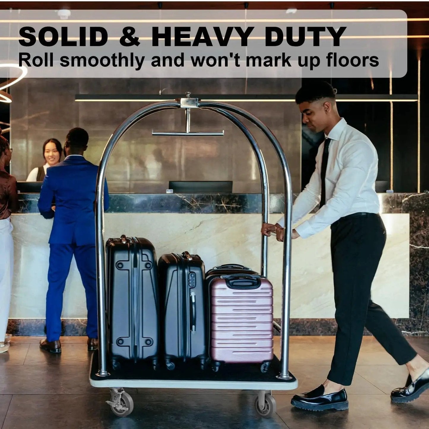 Hotel staff using Heavy Duty 6 Inch By 2 Inch Rubber Tread Caster Wheels Set Of 4 With 1/2 Inch Bore For Carts at a reception desk