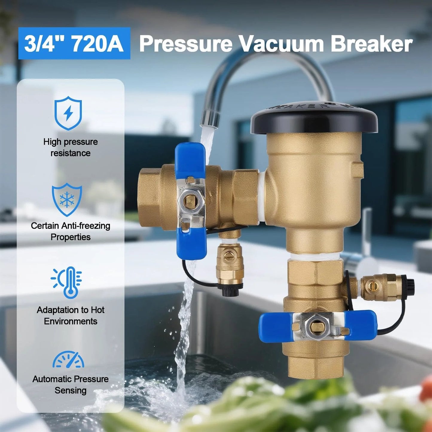 Heavy Duty Three Quarter Inch Brass Pressure Vacuum Breaker Assembly Backflow Preventer For Lawn Irrigation Systems Garden Sprinklers Outdoor Water Lines Anti Siphon Protection Up To 400 PSI installed on a water line.