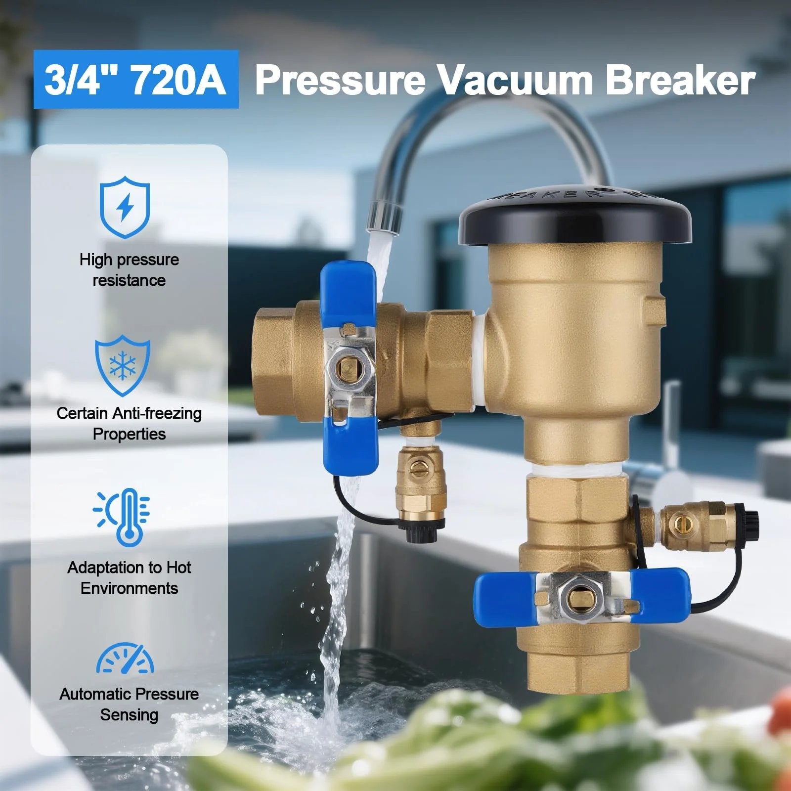 Heavy Duty Three Quarter Inch Brass Pressure Vacuum Breaker Assembly Backflow Preventer For Lawn Irrigation Systems Garden Sprinklers Outdoor Water Lines Anti Siphon Protection Up To 400 PSI installed on a water line.
