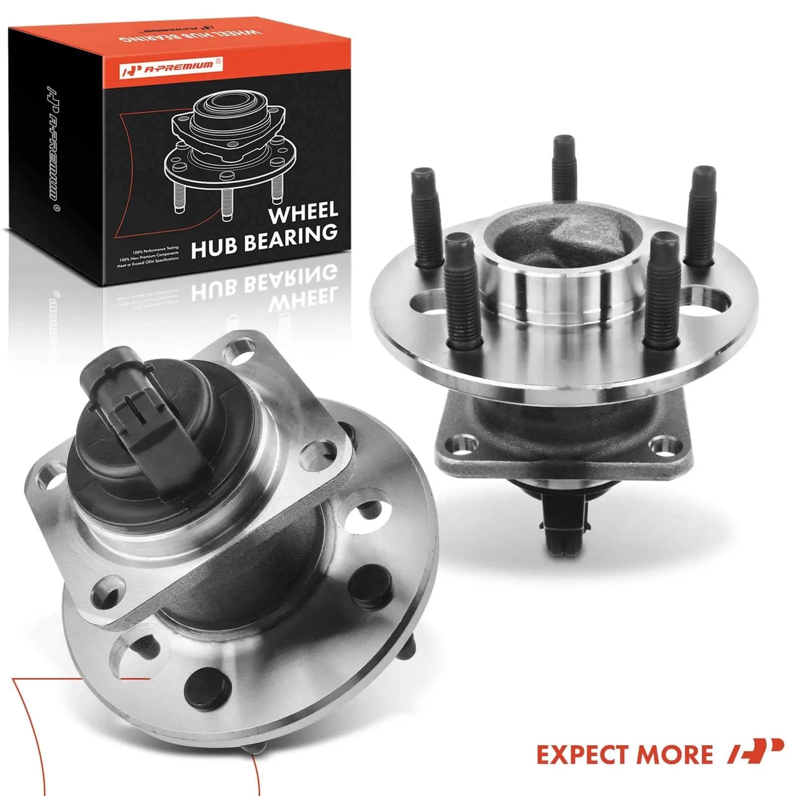 Wheel Hub Bearing Assembly 2-Pack with ABS Sensor, 5-Lug Rear Fit Chevrolet Malibu shown with packaging box