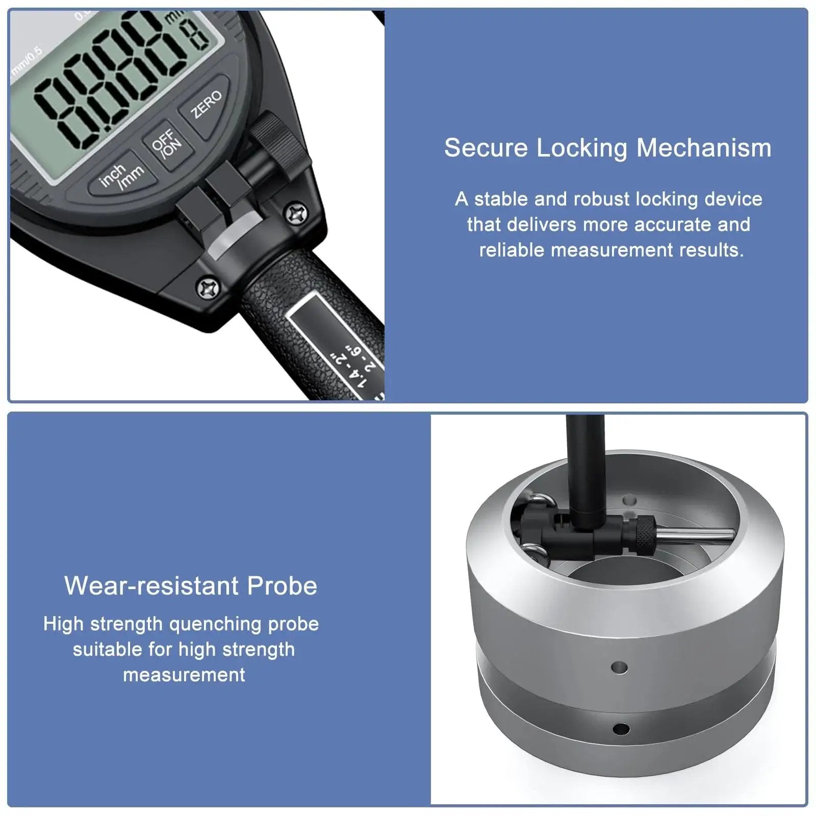 Digital Bore Gauge Set With LCD Dial Indicator For Engines, secure locking mechanism, wear-resistant probe detail