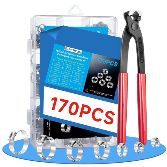 170 Pcs 304 Stainless Steel Single Ear Hose Clamp Set With Ear Clamp Pincer 11 Sizes From Six To Twenty Five Point Six Millimeter