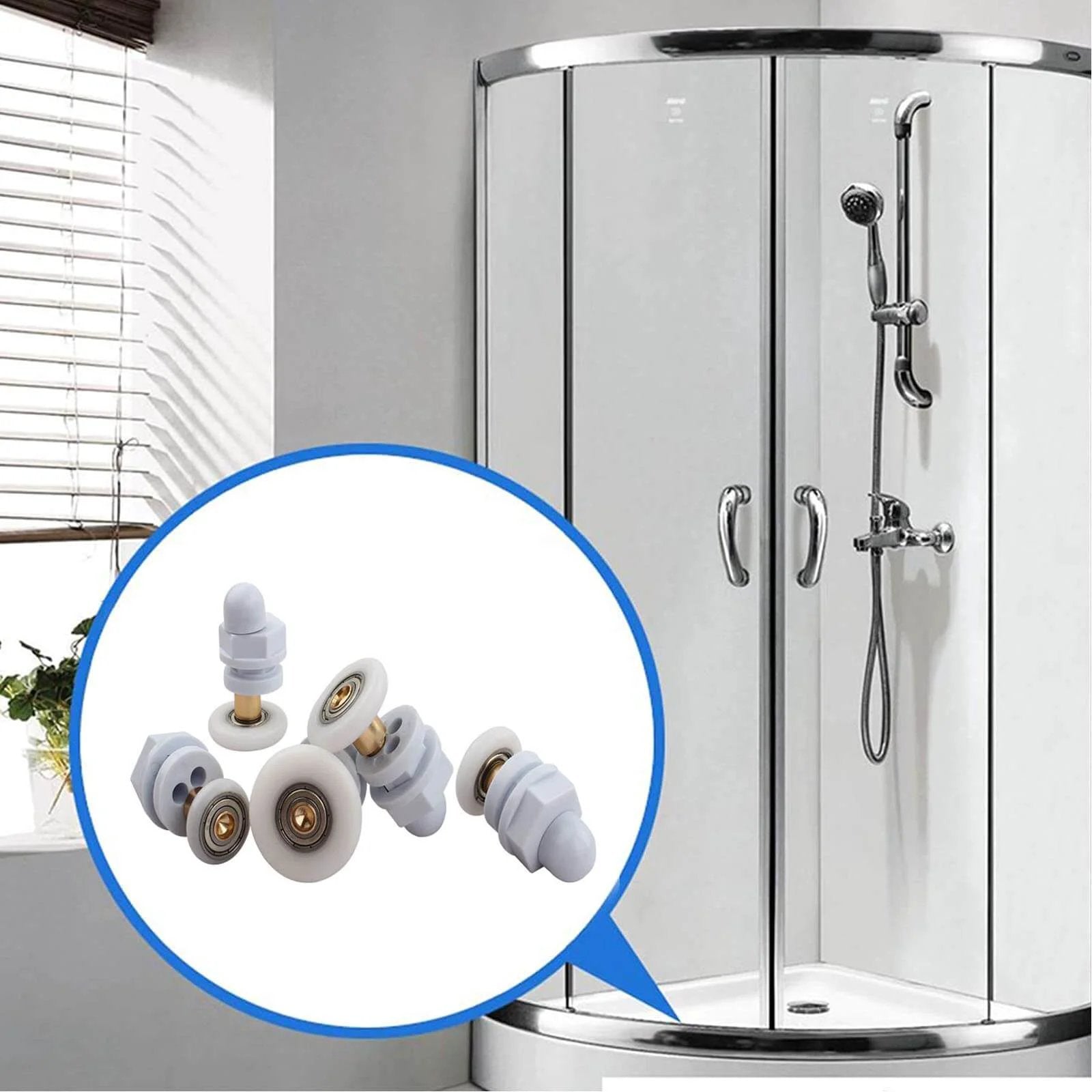 4PCS 19mm shower door rollers replacement with copper rod pulley, nylon runners, stainless hardware, shown next to glass shower enclosure.