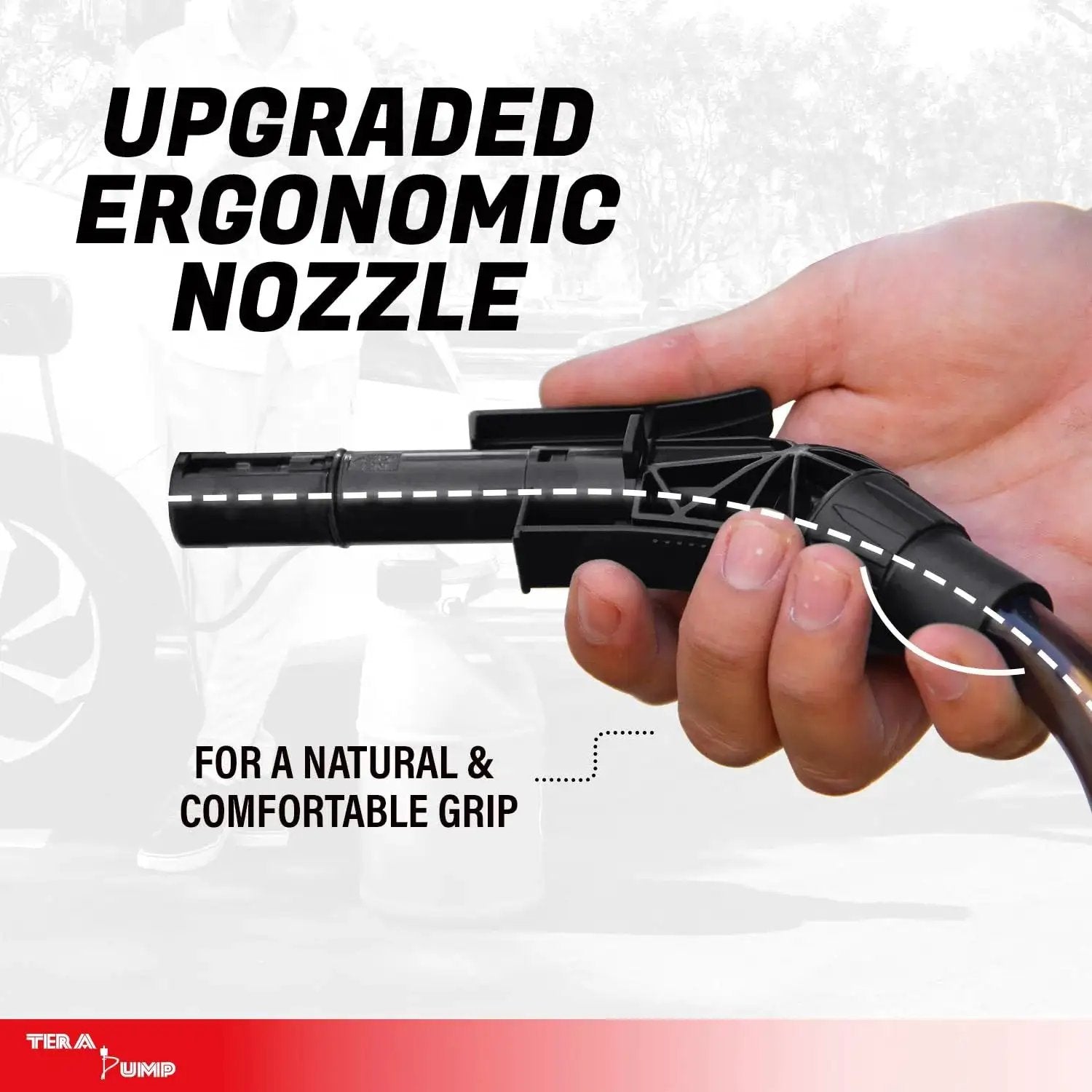 Ergonomic nozzle of Battery Powered Fuel Transfer Pump With Overfill Protection 2.5 GPM 4.27 Ft Hose, shown in hand