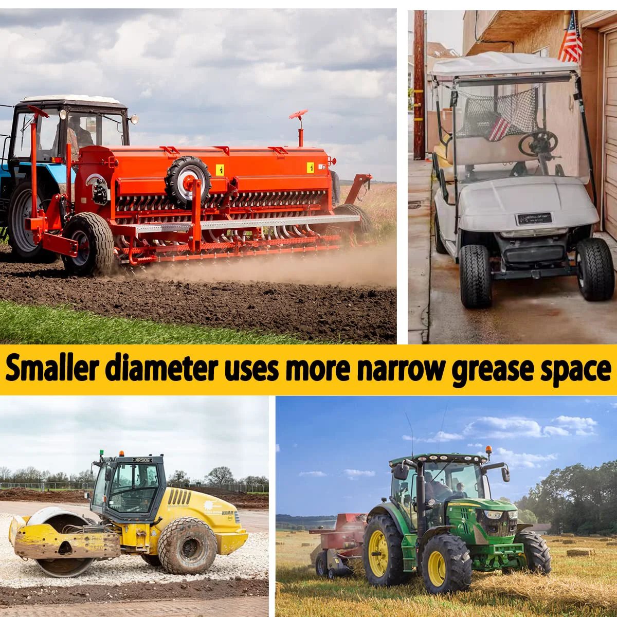 Various agricultural and construction machinery demonstrating use of grease couplers in tight spaces with high pressure.
