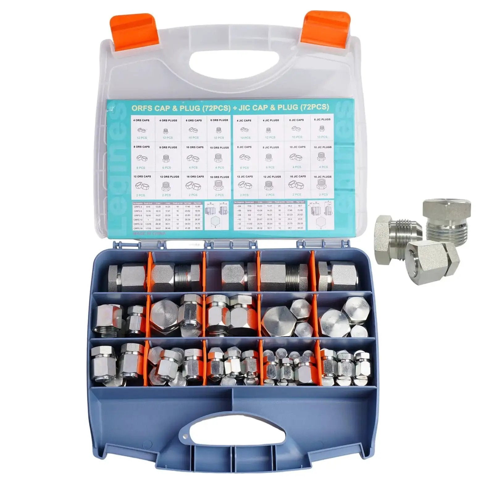 JIC And ORFS Hydraulic Fittings Kit 144 Pcs Cap And Plug Set For Hose Tube And Pipe Systems with storage case and fittings displayed