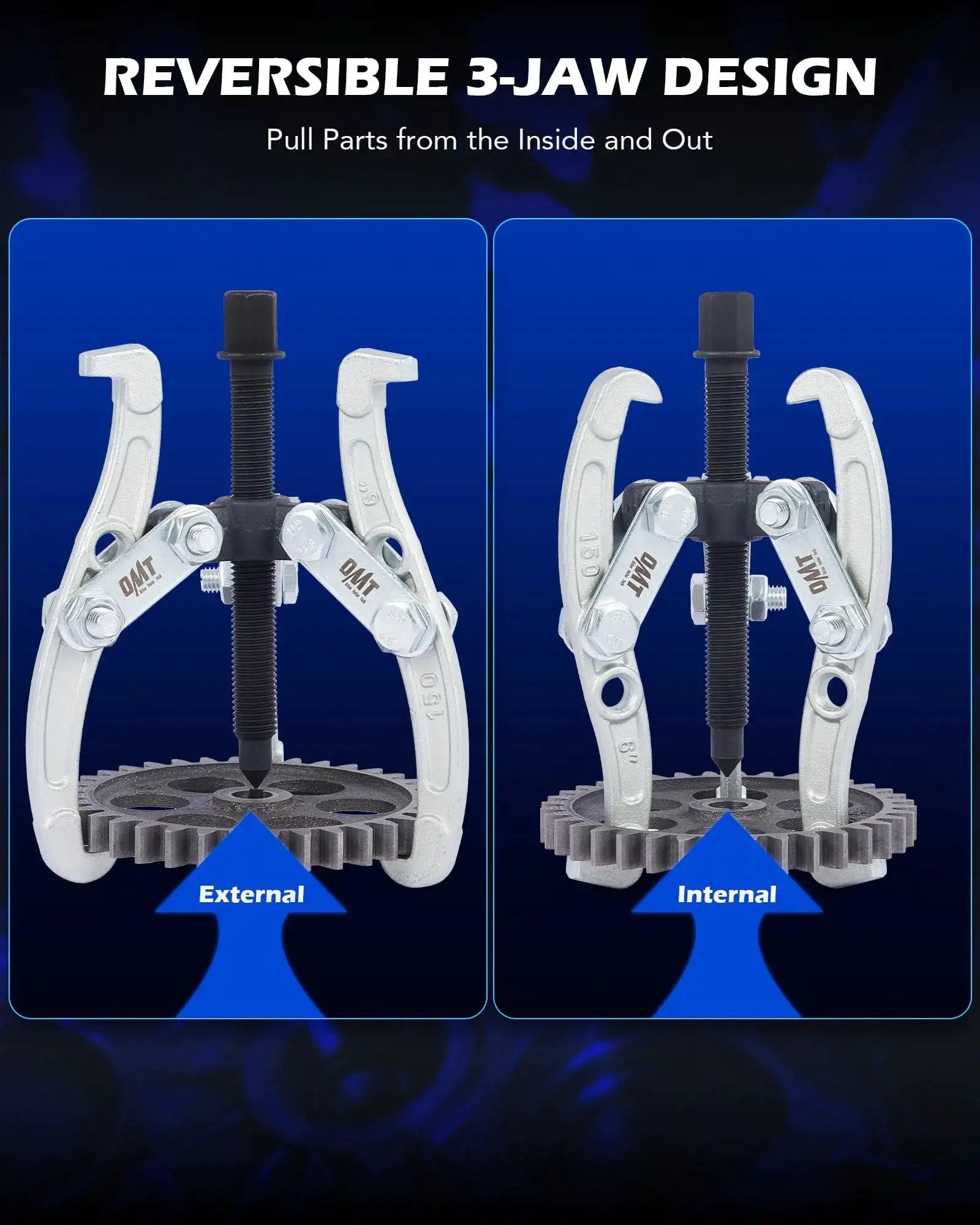 Three Jaw Gear And Bearing Puller Set With 3 Inch 4 Inch 6 Inch Sizes showcasing reversible jaws for external and internal gear removal.