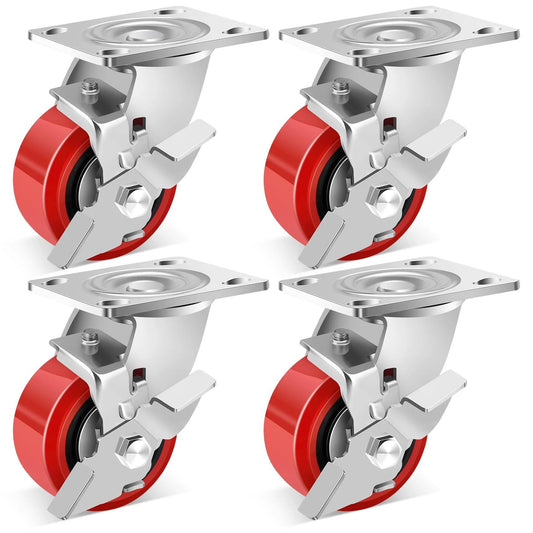 4 Inch Heavy Duty Industrial Polyurethane Casters Set Of 4 With Dual Ball Bearings Solid Polyurethane Wheels 2500 Lb Capacity Plate Swivel Casters For Carts Machines And Equipment Durability