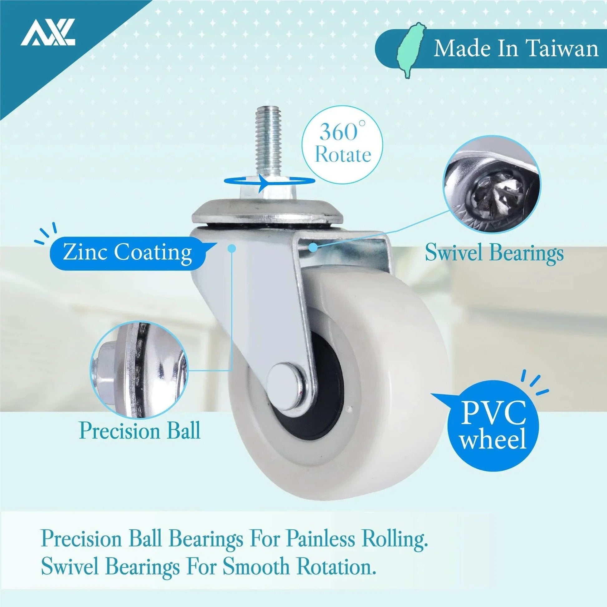 M6 Threaded Stem Caster Wheels 2 Inch PVC Silent No Noise No Scratch Replacement with precision bearings and zinc coating.