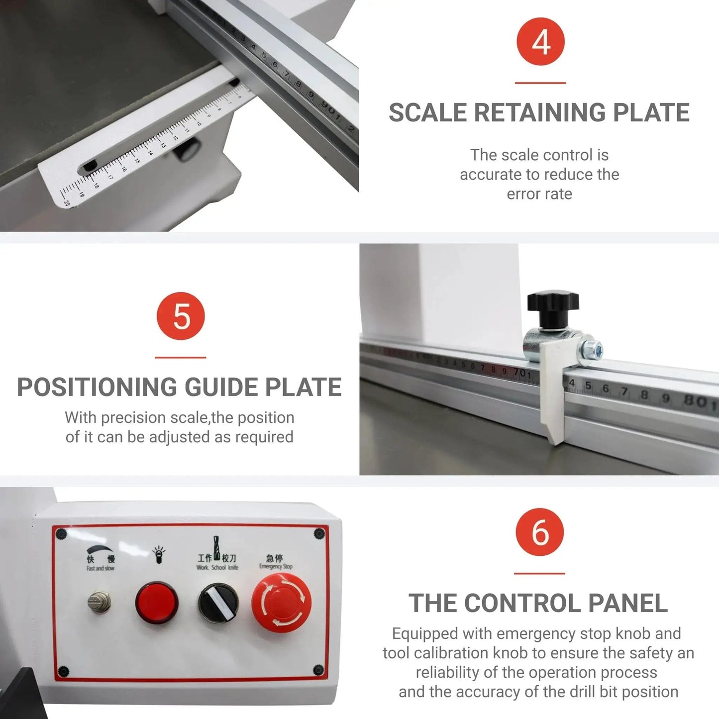 Close-up of scale retaining plate, positioning guide plate, and control panel on Pro Grade Pneumatic Hinge Drilling Machine For Furniture And Cabinet Installations 110V Upward Punching Single Head 0-50mm Drill Depth Heavy Duty Woodworking Tool 1.5KW Without 48-6 Drill Kit.